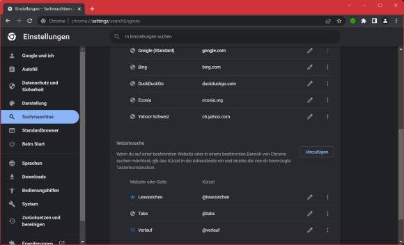 Die Suchmaschinen-Einstellungen in Chrome