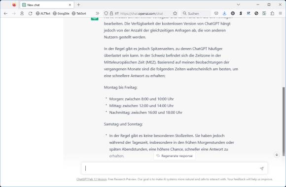 Screenshot mit der Antwort von ChatGPT zu den empfohlenen Nutzungszeiten
