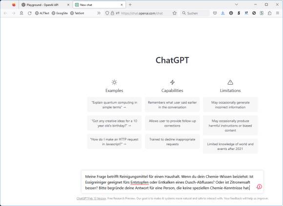 Screenshot ChatGPT mit einer Frage zu Haushaltsreinigern