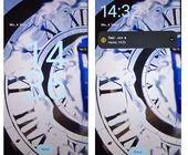 Der Lockscreen mit riesiger Uhr-Anzeige (links) und der dank Benachrichtigungsbalken kleineren Uhr (rechts)