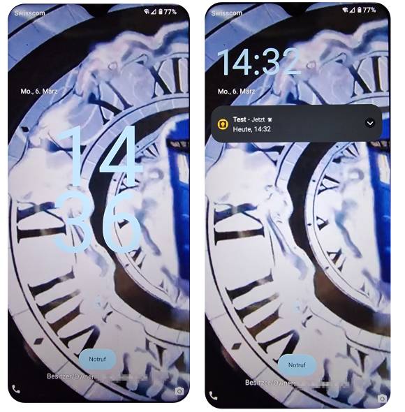 Der Lockscreen mit riesiger Uhr-Anzeige (links) und der dank Benachrichtigungsbalken kleineren Uhr (rechts) 