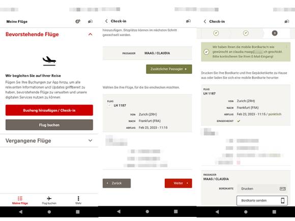 Drei Screenshots aus der Swiss-App zeigen den Weg zum Check-in 