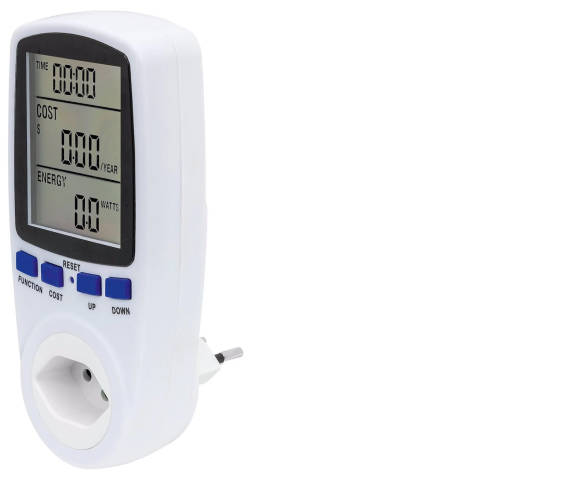 Ein Messgerät mit Display und Tasten, um den Stromverbrauch zu ermitteln