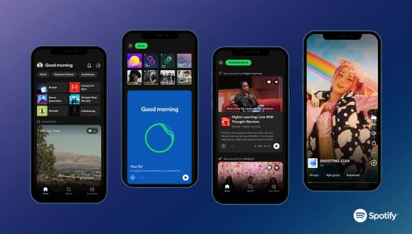 Verschiedene Spotify-Ansichten auf vier Smartphones 