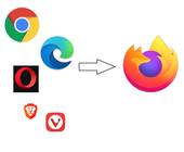 Die Logos verschiedener Webbrowser mit einem Pfeil der in Richtung des Firefox-Logos zeigt