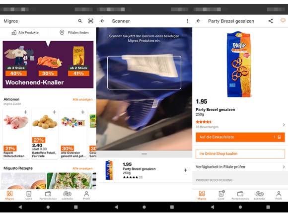 Screenshots aus der Migros-App zeigen das Vorgehen 