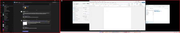 Links die Teams-App, die den ganzen linken Bildschirm einnimmt, rechts der breite Hauptbildschirm