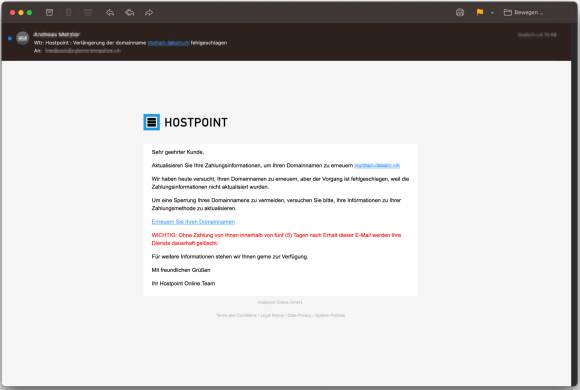 Screenshot einer Hostpoint-Phishing-Mail