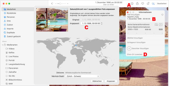 Anpassen von Aufnahmedatum und -ort auf dem Mac