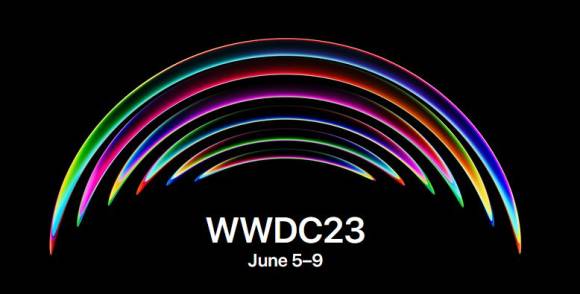 Bunte gewölbte Linien im WWDC23-Banner erinnern an die Form einer optischen Linse 