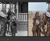 Eine alte Westernfilm-Szene, links in Schwarz-Weiss, rechts koloriert