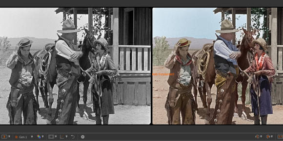 Eine alte Westernfilm-Szene, links in Schwarz-Weiss, rechts koloriert 