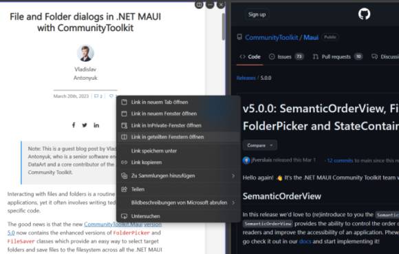 Die Split-Screen-Funktion in Edge 