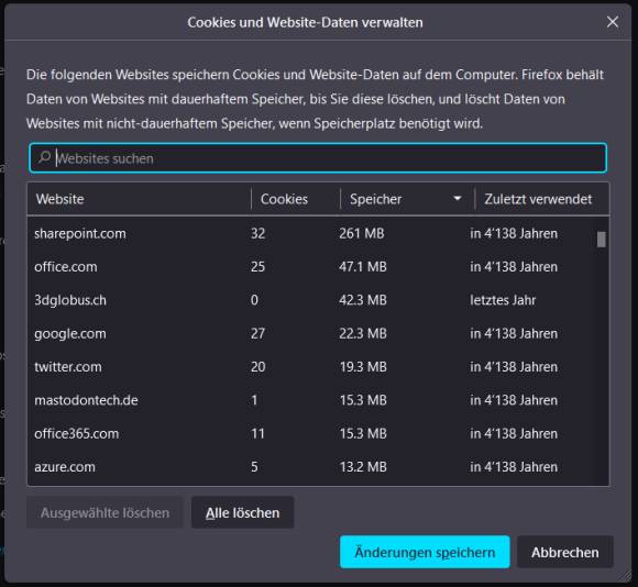 Screenshot zeigt Cookies mit "zuletzt besucht in 4138 Jahren" 