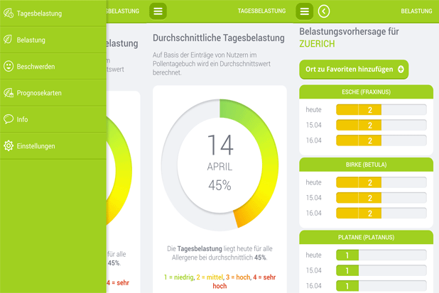 Screenshots aus der Pollen-Plus-App