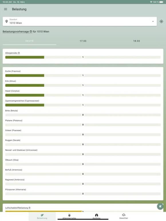 Screenshot der Pollen-Vorhersage
