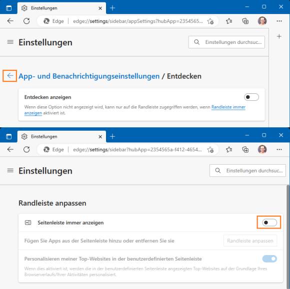 Edge-Einstellungen zur Randleiste