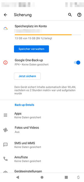 Backup-Einstellungen auf einem Android-Gerät