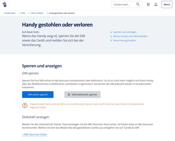Swisscom-Webseite mit Vorgehen zur SIM-Sperre