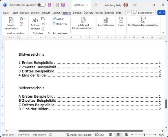 Zwei kurze Beispiel-Abbildungsverzeichnisse, eins davon mit Buchstaben nummeriert 