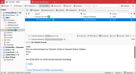 Thunderbird-Screenshot: Unsere Antwort-Mail liegt im gleichen Ordner wie die Ursprungsmail