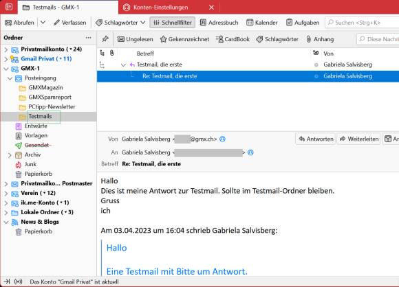 Thunderbird-Screenshot, mit einer Antwort-Mail im Ordner Testmails 