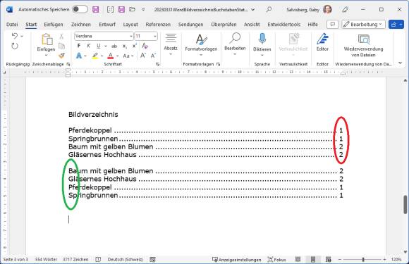 Ein kleines Bildverzeichnis in Word, einmal nach Seitenzahl, einmal nach Bezeichnung sortiert 