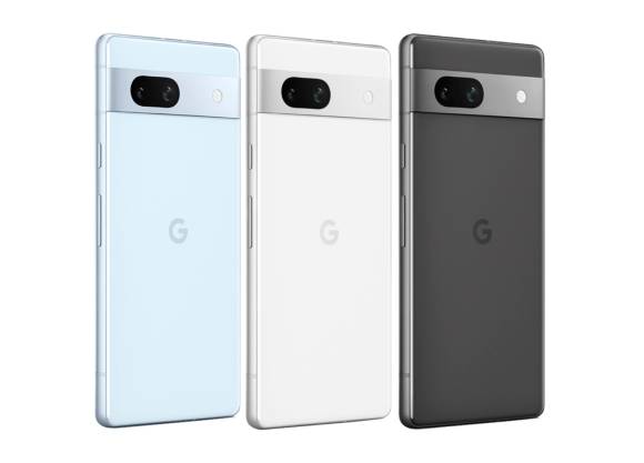 Das Google Pixel 7a in Hellblau, Weiss und Schwarz