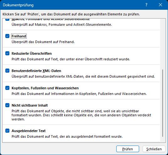 Dei Funktion in Word, mit der Sie die Datei auf versteckte Daten prüfen