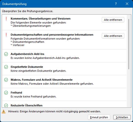 Bei gefundenen Elementen verwenden Sie «Alle entfernen» Das Prüfwerkzeug zeigt, dass Daten gefunden wurden