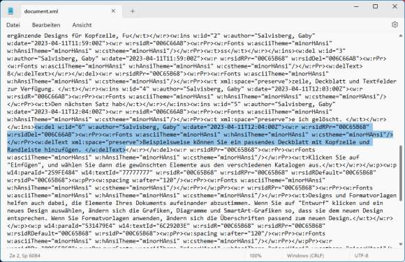 Im .xml-Quelltext steht der gelöschte Satz mit dem Deleted-Flag