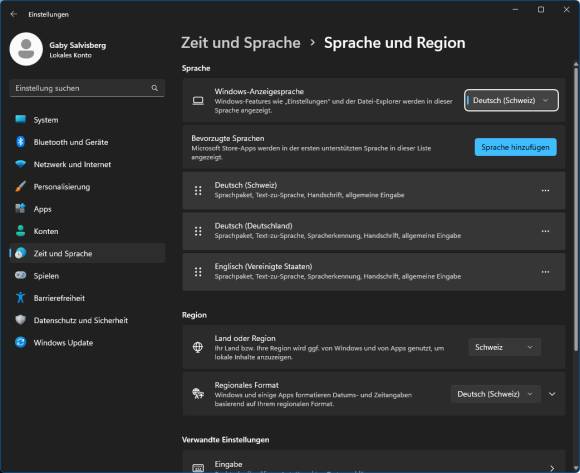 Screenshot der Sprach- und Regions-Einstellungen