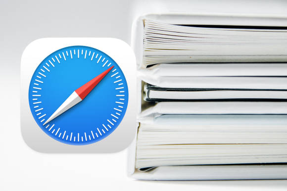 Beim Speichern von vielen Seiten ist ein PDF das Mittel der Wahl Drei weisse Buchrücken und das Symbol von Safari