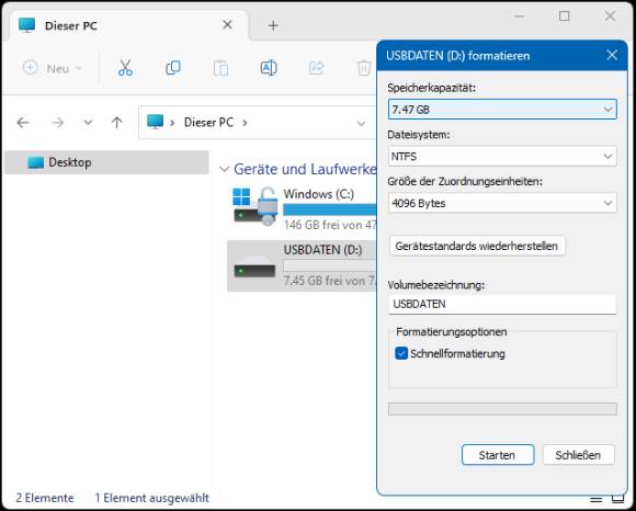 Das Dialogfenster zum Neu-Formatieren des USB-Sticks