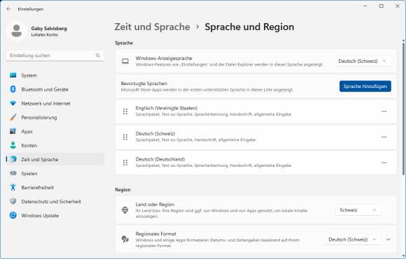 Die Spracheinstellungen. Englisch ist auch installiert und an der obersten Position