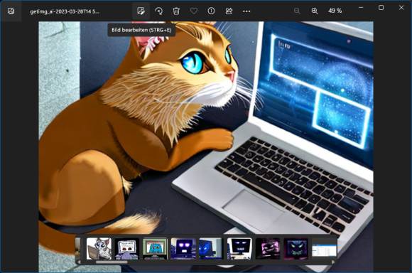 Ein geöffnetes Cartoon einer Katze in der Windows-Fotoanzeige 