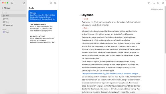 Screenshot Ulysses Hauptinterface, Gruppen und Dokumente 