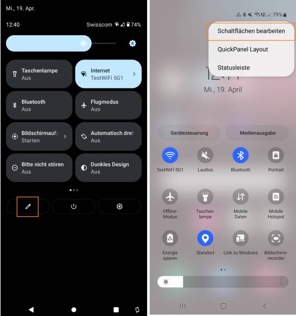 Der Zugang zum Anpassen der Schnellzugriffe beim Fairphone (links) und auf dem Samsung-Gerät (rechts)