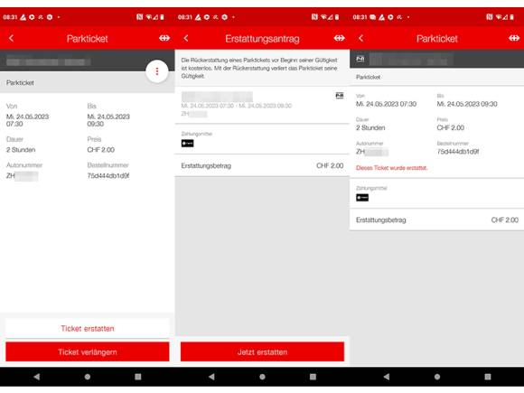 Drei Screenshots zeigen den Vorgang zur Park-Ticket-Rückerstattung 