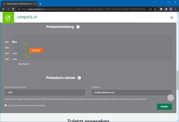 Screenshot Comparis Preisalarm