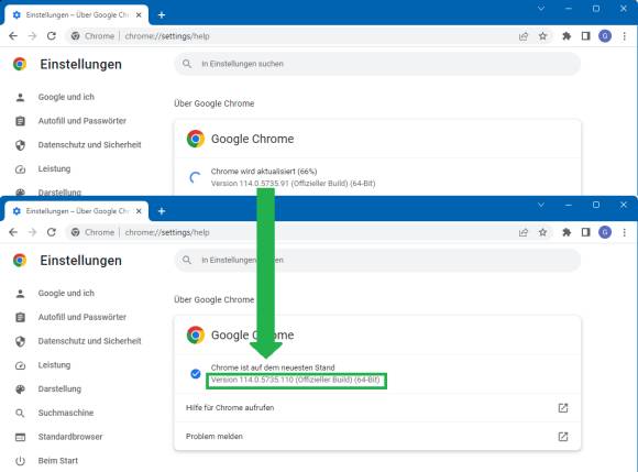 Zwei Screenshot-Ausschnitte: Chrome-Version vor und nach dem Udpate 