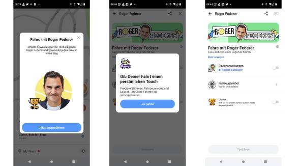 Screenshots zeigen Einrichtung von "Fahre mit Roger Federer" 