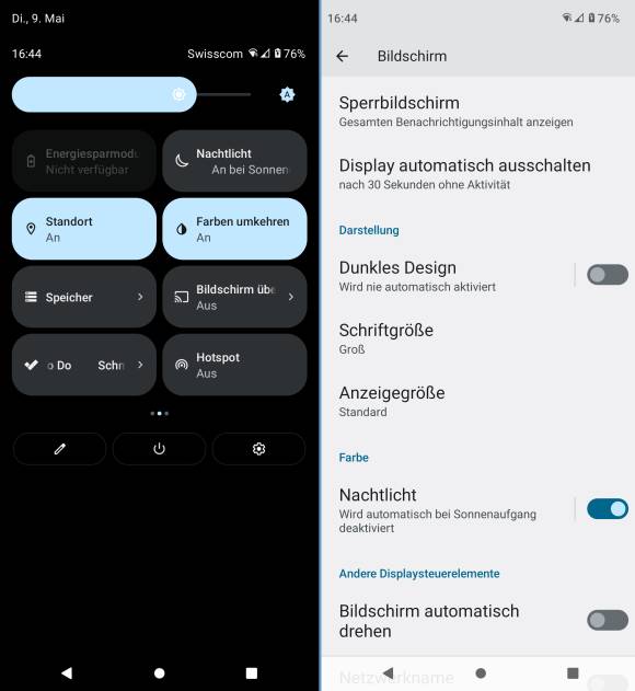 Links die erwähnten Optionen in den Schnelleinstellungen, rechts in der Android-Einstellungen-App