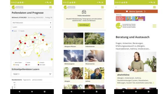 Drei Screenshots der Pollen-News-App vom Allergiezentrum Schweiz 