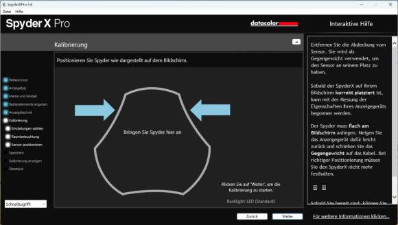 Die Software bittet ums Platzieren des Kalibriergeräts im markierten Bereich