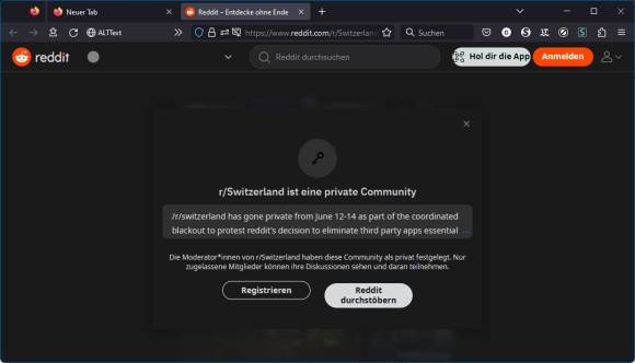 Screenshot Reddit Switzerland. Text lautet "r/Switzerland ist eine private Community" 