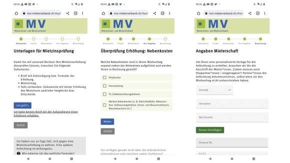 Screenshots des Mietzinsrechners im Smartphone-Webbrowser 