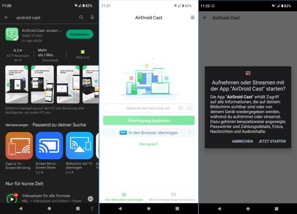 Links: Die App im PlayStore. Mitte: Sie wartet auf die Code-Eingabe. Rechts: Streaming starten