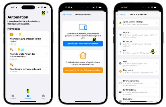 Drei iPhone-Screens zeigen die Aktivierung des NFC-Auslösers