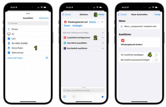 Drei iPhone-Screens zeigen die Feinabstimmung der Automation